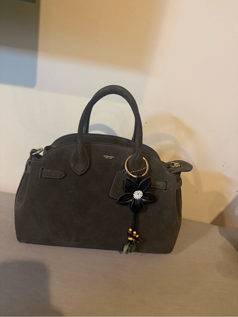 Coach Olive Green Suede Satchel with Floral Charm